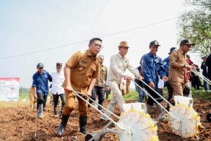Gubernur Banten Andra Soni saat melakukan penanaman simbolis jagung hibrida bersama petani di lahan kosong Kecamatan Maja, Kabupaten Lebak.