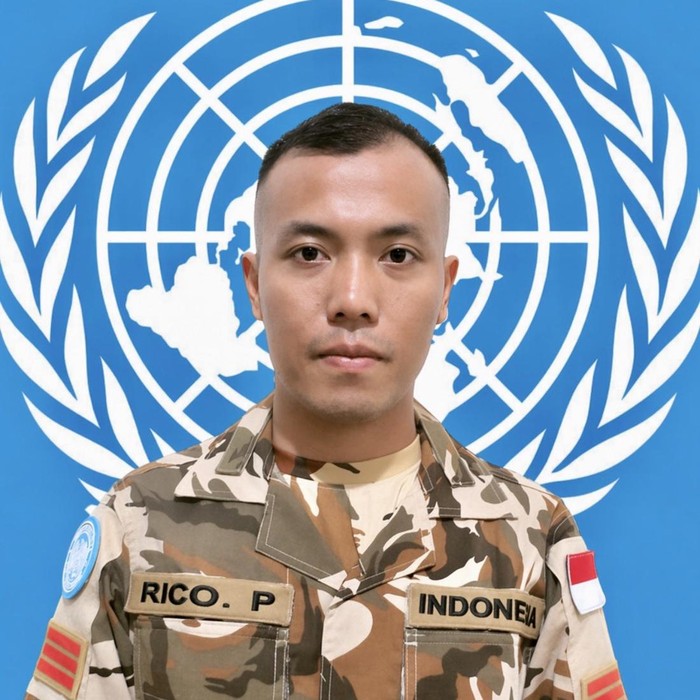 Barisan prajurit TNI memberikan penghormatan terakhir di depan peti jenazah yang dibalut bendera Merah Putih dan bendera PBB.