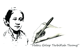 Ilustrasi siluet RA Kartini dengan latar belakang buku dan pena, melambangkan literasi dan perjuangan pendidikan.