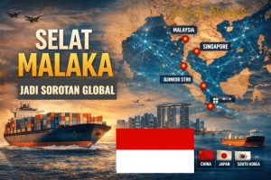Kapal tanker raksasa melintasi perairan sempit Selat Malaka dengan latar belakang matahari terbenam.