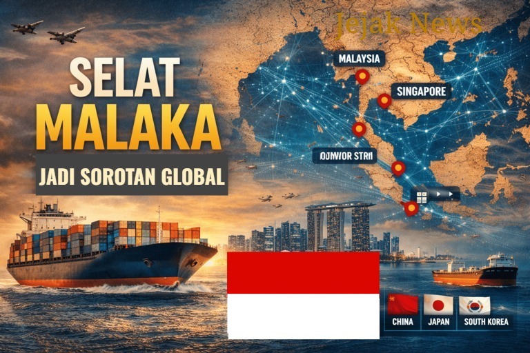 Kapal tanker raksasa melintasi perairan sempit Selat Malaka dengan latar belakang matahari terbenam.