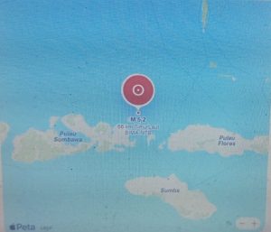 Peta episenter gempa bumi magnitudo 4,9 yang merilis titik pusat getaran di laut sebelah Timur Wera, Bima oleh BMKG.