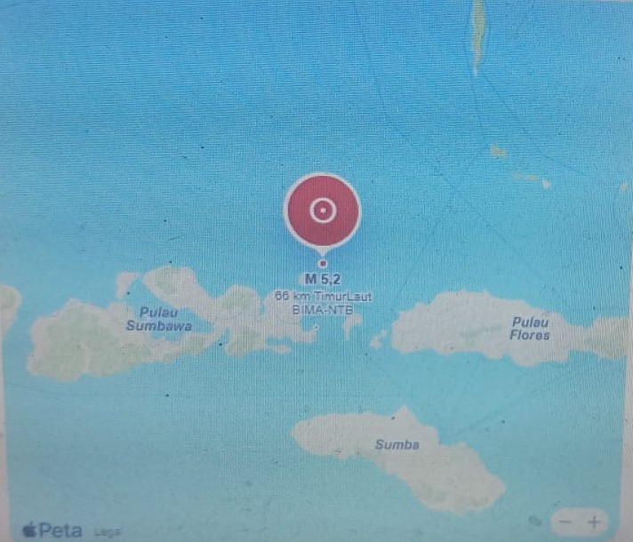 Peta episenter gempa bumi magnitudo 4,9 yang merilis titik pusat getaran di laut sebelah Timur Wera, Bima oleh BMKG.