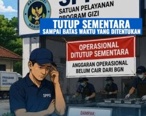 Deretan panci besar dan peralatan masak berbahan stainless steel milik SPPG Mekarsari 02 Depok tampak kering dan tersusun rapi tanpa aktivitas di atas meja dapur.